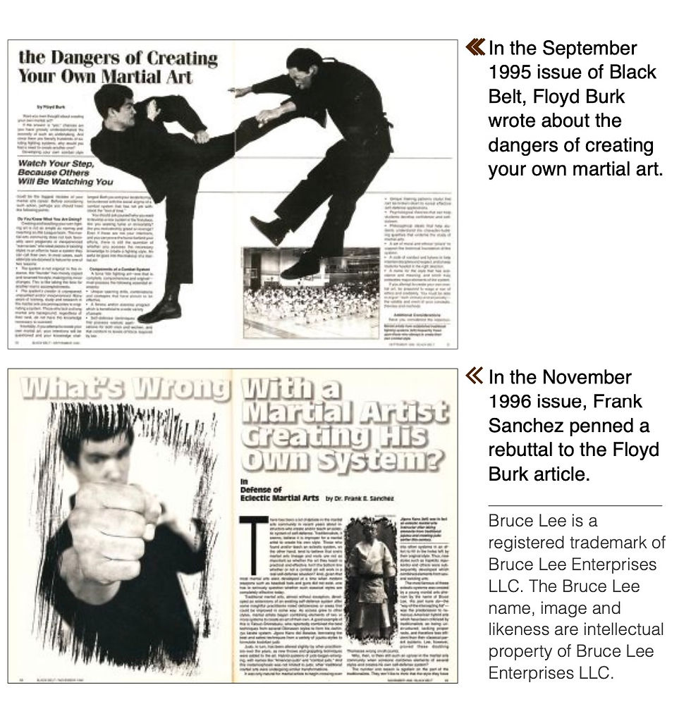 Magazine pages show martial artists in action posing with articles about creating martial arts. Visible text highlights debates from 1995-1996.