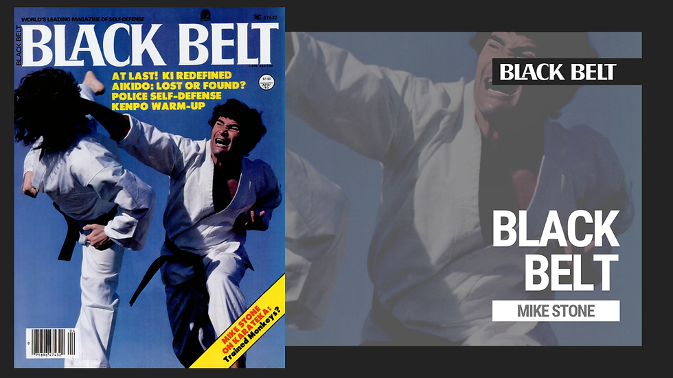 Martial artist in white gi punching on Blue Black Belt magazine cover. Text highlights self-defense, Aikido, Ki, and Mike Stone.