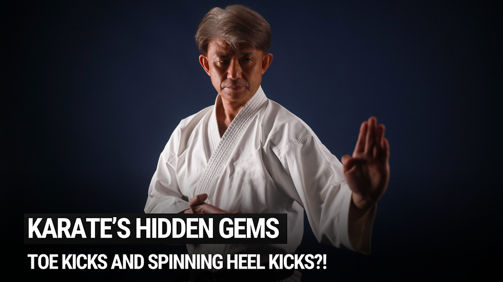 Karate practitioner in white gi poses with focused expression. Dark background. Text: "Karate's Hidden Gems: Toe Kicks and Spinning Heel Kicks?!"