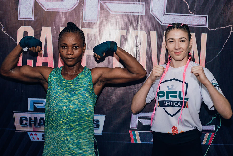 Two fighters pose; one flexes muscles in a green tank, the other raises fists in a white "PFL Africa" shirt. Background text reads "Cape Town."