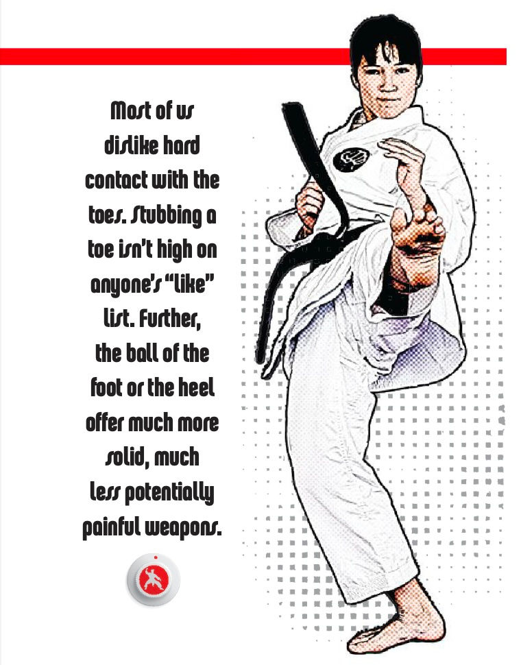 Martial artist in a white uniform performs a kick. Text on left discusses avoiding toe injuries and using other foot parts in martial arts.