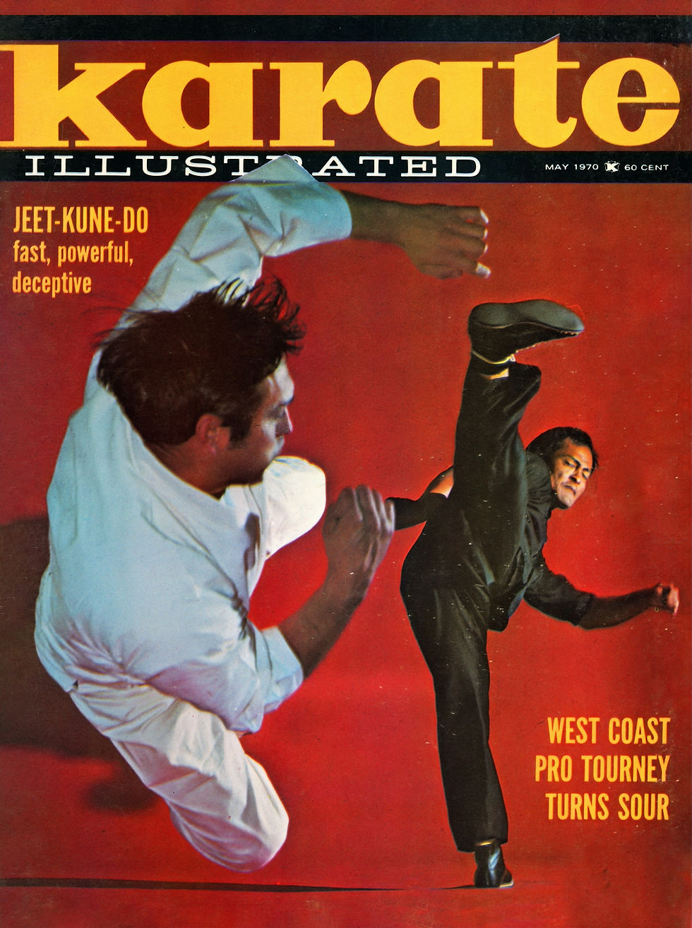 Two martial artists spar on a red background, one in a high kick, the other dodging. "Karate Illustrated" magazine cover text.
