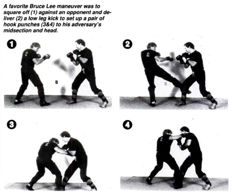 Two martial artists demonstrate a sequence: square off, low leg kick, and two hook punches. Text describes Bruce Lee's favorite maneuver.