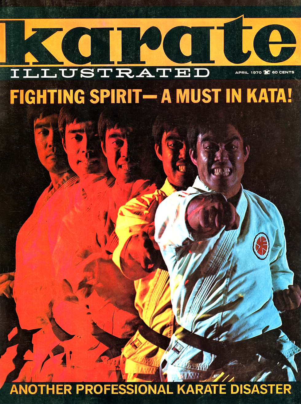 Magazine cover of "Karate Illustrated" with a series of figures in karate poses. Text says "Fighting Spirit—A Must in Kata!" in bold.