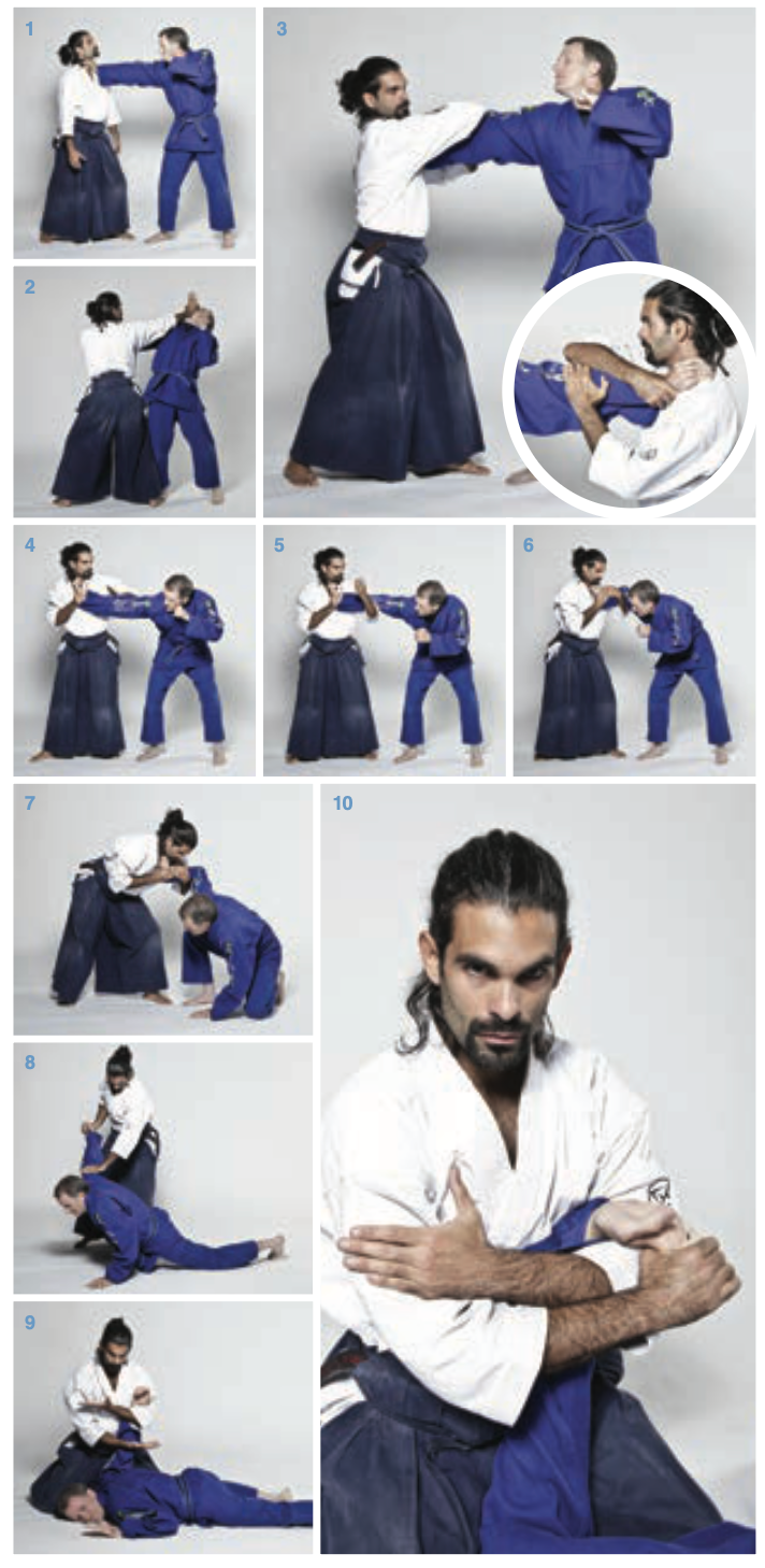 Numbered martial arts sequence shows two men in white and blue gis practicing grabs, blocks, throws, and holds on a gray studio backdrop.