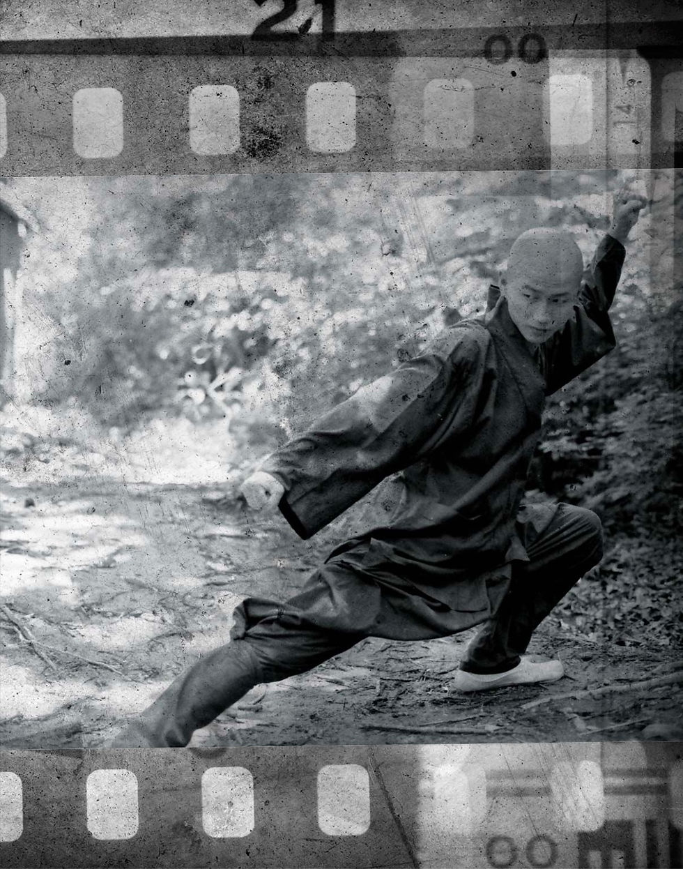 A person in martial arts pose, wearing traditional attire, outdoors among trees. The image has a vintage film overlay, conveying a nostalgic mood.