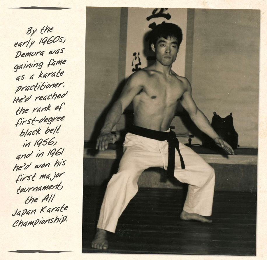Man in karate stance, shirtless with white pants and a black belt, in a dojo. Visible text notes his achievements in the early 1960s.