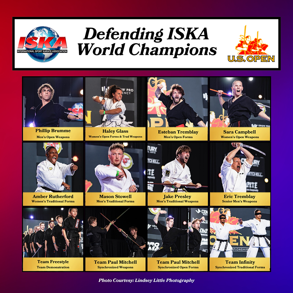 ISKA U.S. Open poster showing karate champions in action, with 12 athlete photos and titles on a red-to-purple background.