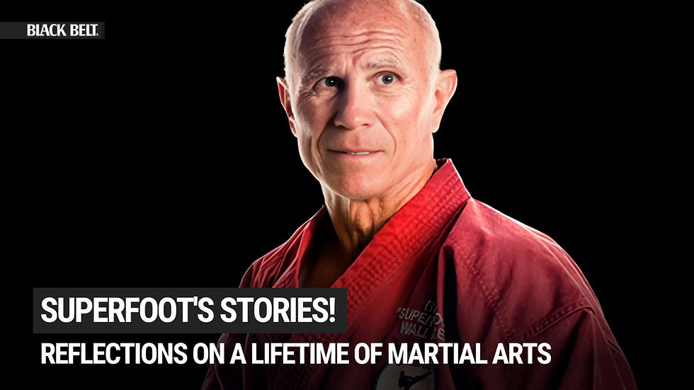 Martial artist delivering a high kick in a black-and-white image. Bold text reads "COMMON MARTIAL ARTS MYTHS DEBUNKED BY BILL 'SUPERFOOT' WALLACE."