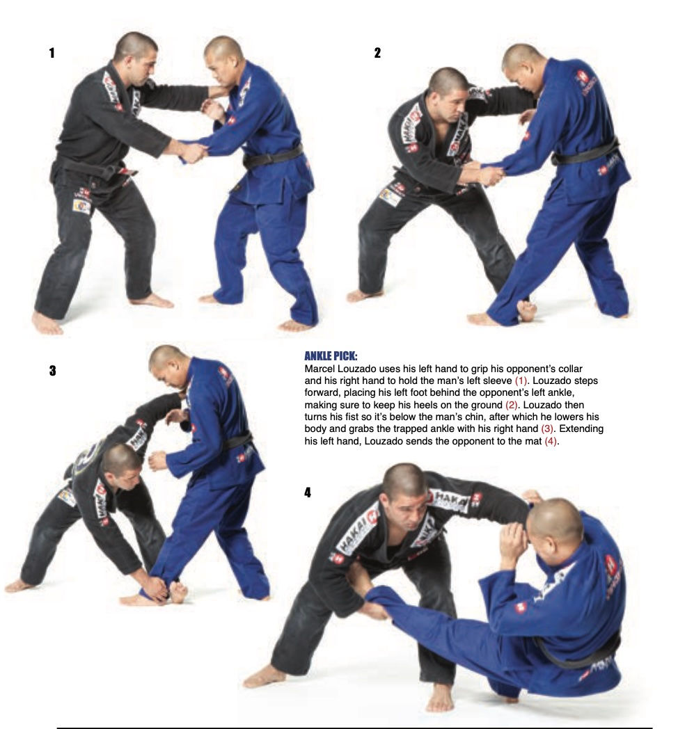 Step-by-step jiu-jitsu ankle pick demo: two men in black and blue gis grapple on white background, with instructional text.