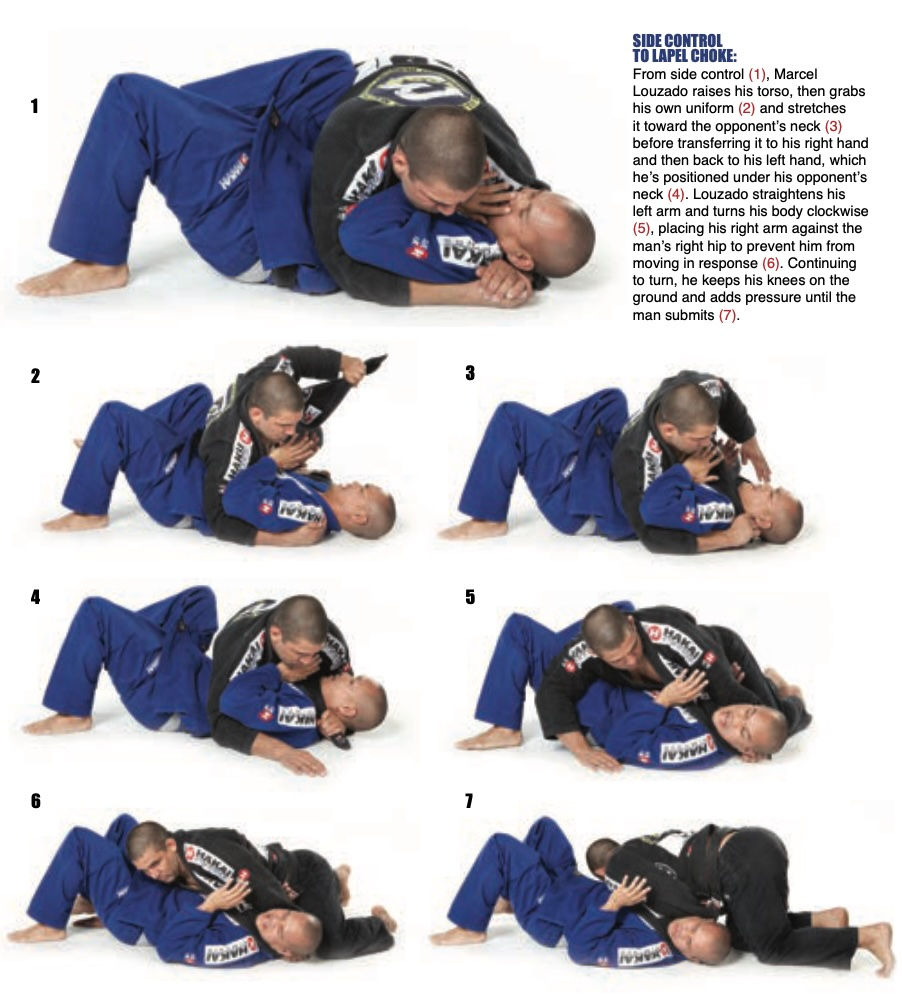 Jiu-jitsu tutorial showing side control to lapel choke steps, with two grapplers on a white mat and numbered instructions on the right.