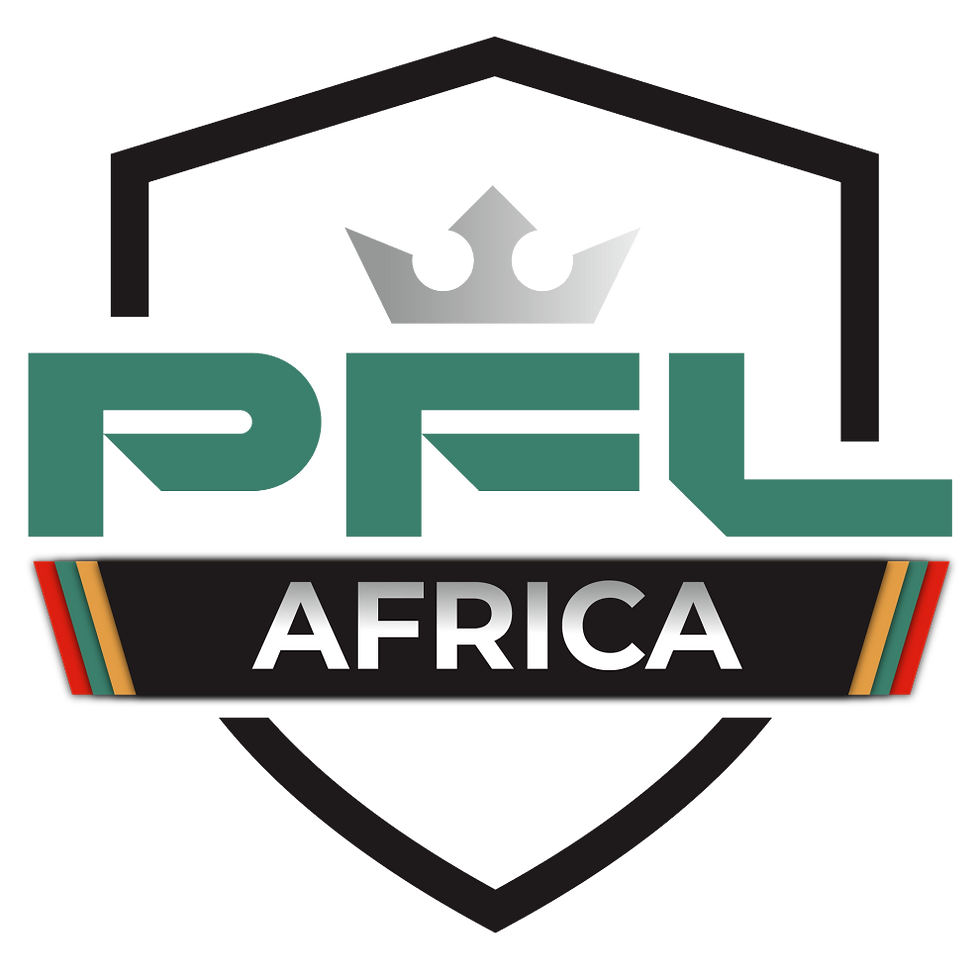 Logo with a black shield and crown, featuring "PFL AFRICA" in bold text. Colors include green, orange, and red on a dark background.