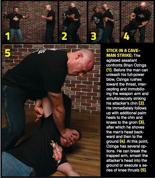 Two men practice self-defense moves indoors. Sequence of images shows grappling techniques against a brick wall. Text explains the steps.