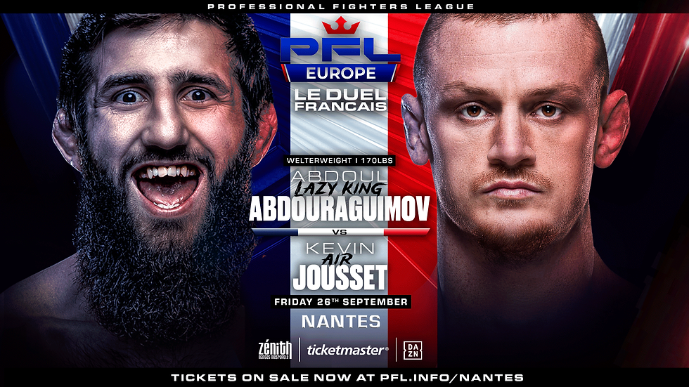 Two fighters face off in a PFL poster for a welterweight match in Nantes on Friday, 26th September. Text includes names and sponsors.
