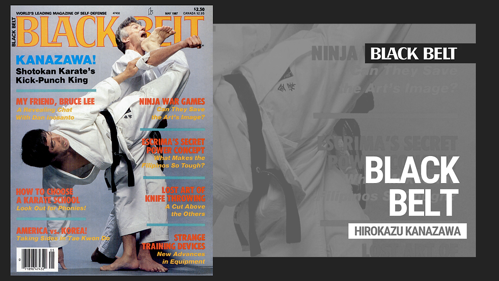 Two martial artists in white gis sparring intensely on a magazine cover. Bold "Karate Illustrated" text with "BLACK BELT" on a sidebar.