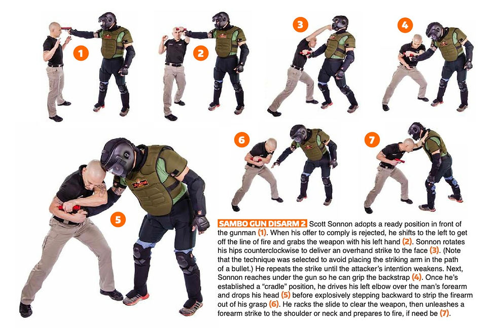 A martial artist in tactical gear demonstrates gun disarm techniques against an unarmed man, emphasizing movement and control in a sequence.