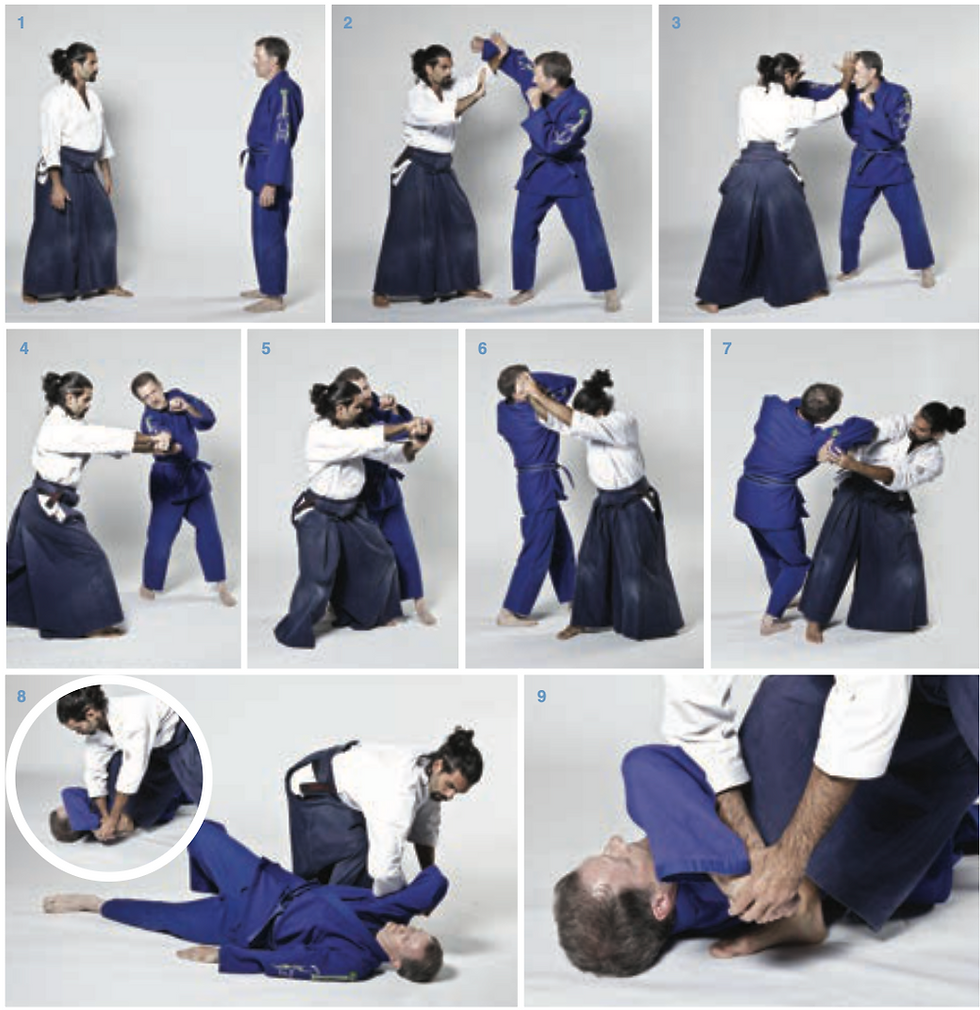 Nine-panel martial arts sequence of two practitioners in blue and white gis demonstrating grabs, strikes, and a pin on white background.