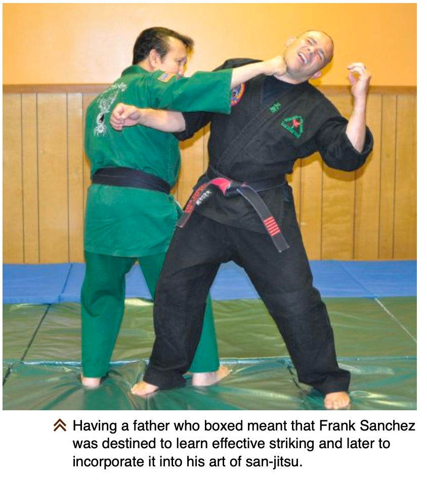 Two martial artists in green and black gi spar on blue mats in a dojo. One strikes the other’s chin. Both appear focused.