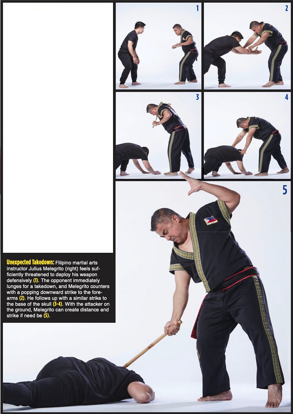 Martial artist in black and gold uniform defends against an opponent, executing a takedown with a stick in five-panel sequence, white backdrop.