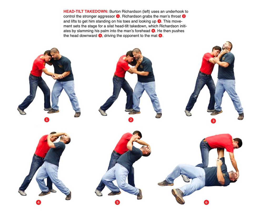 Two men demonstrate a martial arts head-tilt takedown in a sequence of six steps. One wears a red shirt, the other a dark blue shirt.