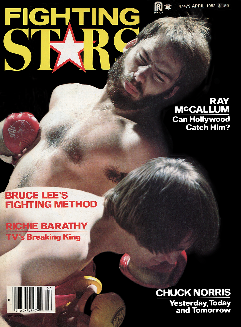 Magazine cover titled "Fighting Stars," features a boxer getting punched. Text highlights Ray McCallum, Bruce Lee, and Chuck Norris.
