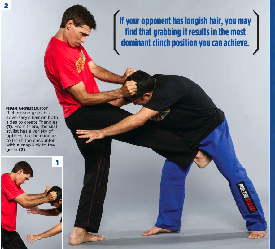 Two men spar; one in red grips the other's hair, prepping a groin kick. Text advises using hair to clinch. Mood: instructional.
