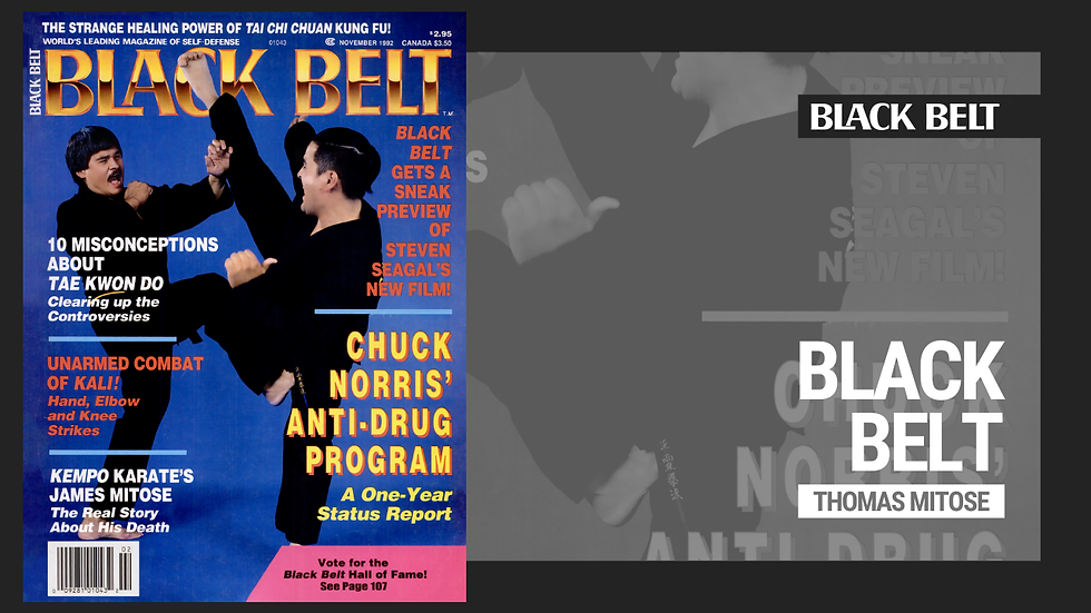 Magazine cover features two people sparring in martial arts attire. Bold text highlights "Black Belt," "Chuck Norris' Anti-Drug Program."