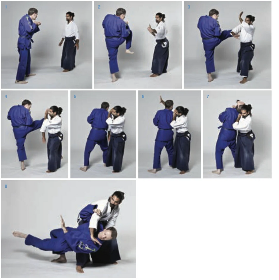 Eight-panel judo sequence showing two men in gi and hakama practicing a front kick, clinch, and throw in a plain studio.