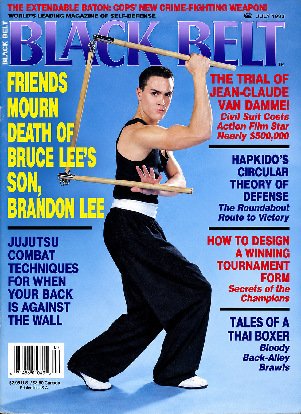 Black Belt magazine cover with Jean-Claude Van Damme posing with nunchaku; blue background and headlines on Bruce Lee’s son and self-defense