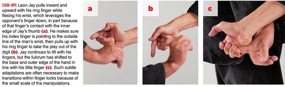 Three close-up images show hands demonstrating joint locks. Each step highlights different finger positions, with text explaining techniques.
