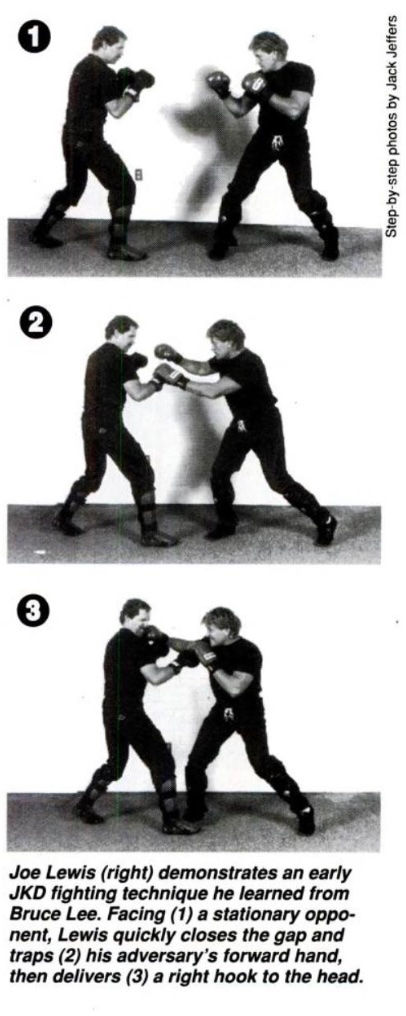 Three-step sequence: Two men spar in martial arts attire. First, they face off. Second, one deflects the other's punch. Third, he counters with a right hook.