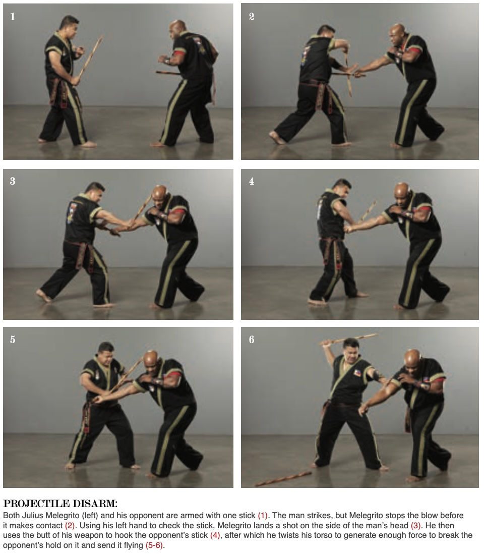 Six-panel martial arts demo of projectile disarm with two men in black uniforms using sticks in a gray studio, titled PROJECTILE DISARM.