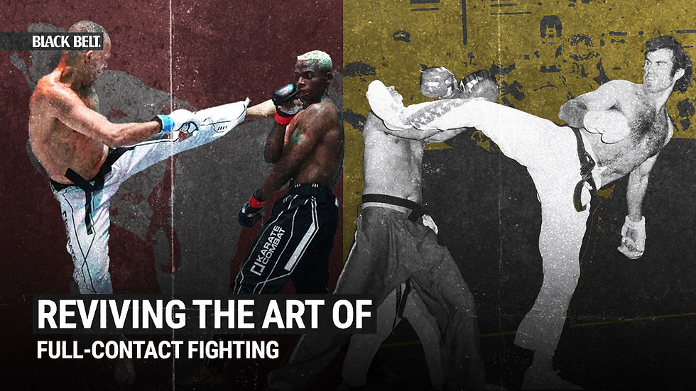 Split image of two martial arts fights, one in black and white, one in color. Fighters exchange kicks. Text: "Reviving the art of full-contact fighting!"