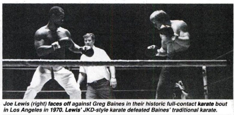 Two fighters in a 1970 karate match in a ring, intense focus, referee in middle. Caption below describes the match outcome.