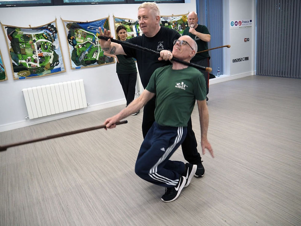 a man demonstrates a martial arts choke involving a stick