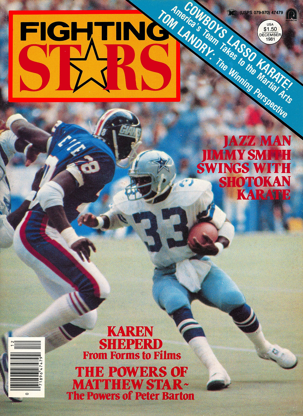 Football magazine cover with a Cowboys player running past a Giants defender. Bold "FIGHTING STARS" text and articles about karate. 