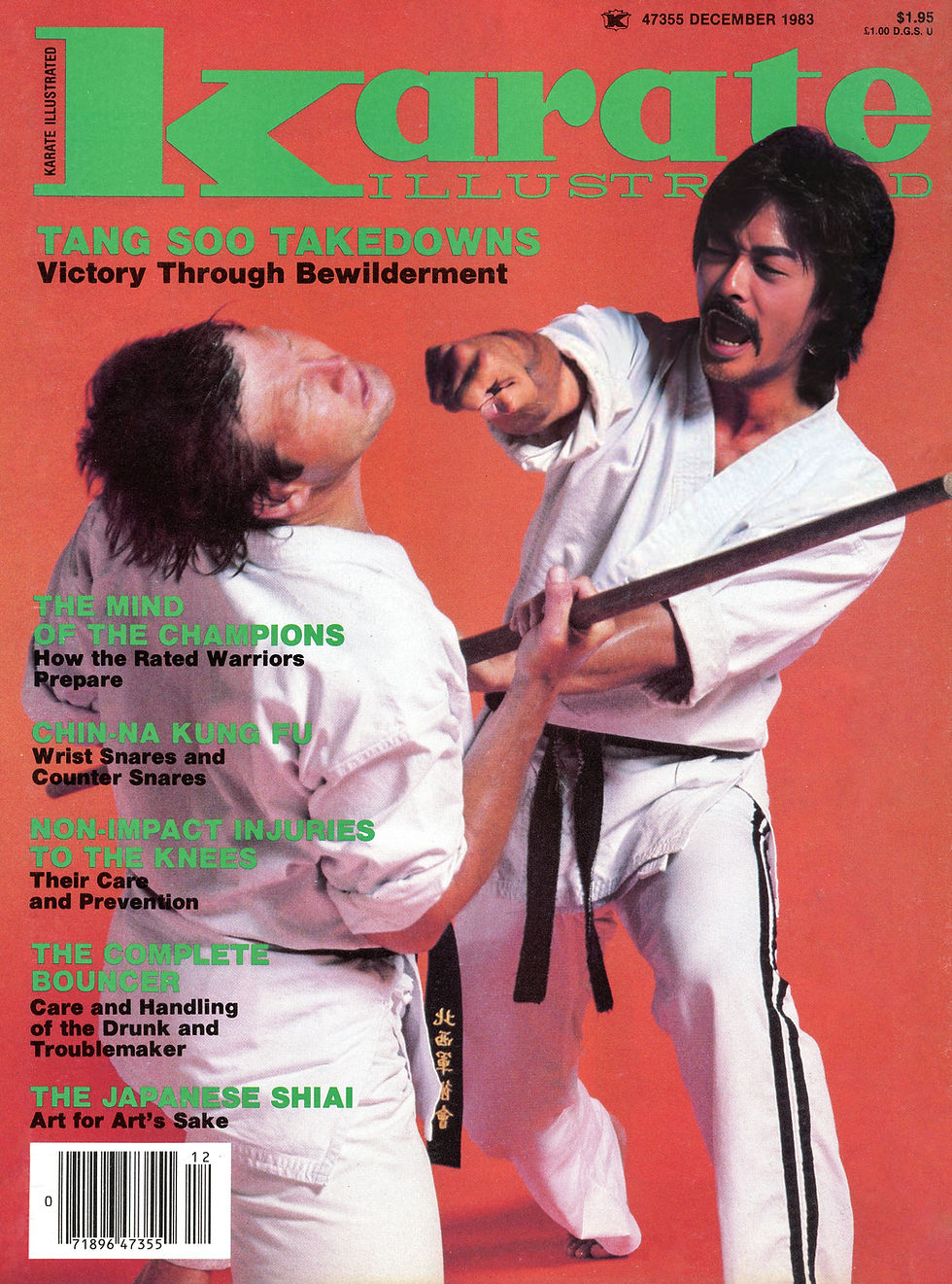 Two martial artists in white uniforms spar on a red backdrop. One is striking with a stick. Text: Karate Illustrated, December 1983.