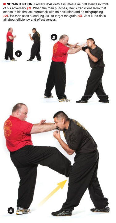 Two men in martial arts pose; one in red shirt defends against a punch, then kicks. Text explains technique and focus on efficiency.