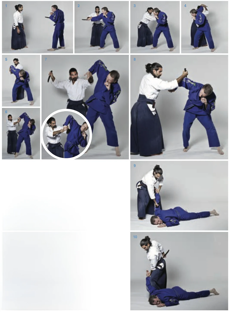 Step-by-step self-defense martial arts demo with two men in gi uniforms, using a knife grip, blocks, and takedown on a gray studio backdrop