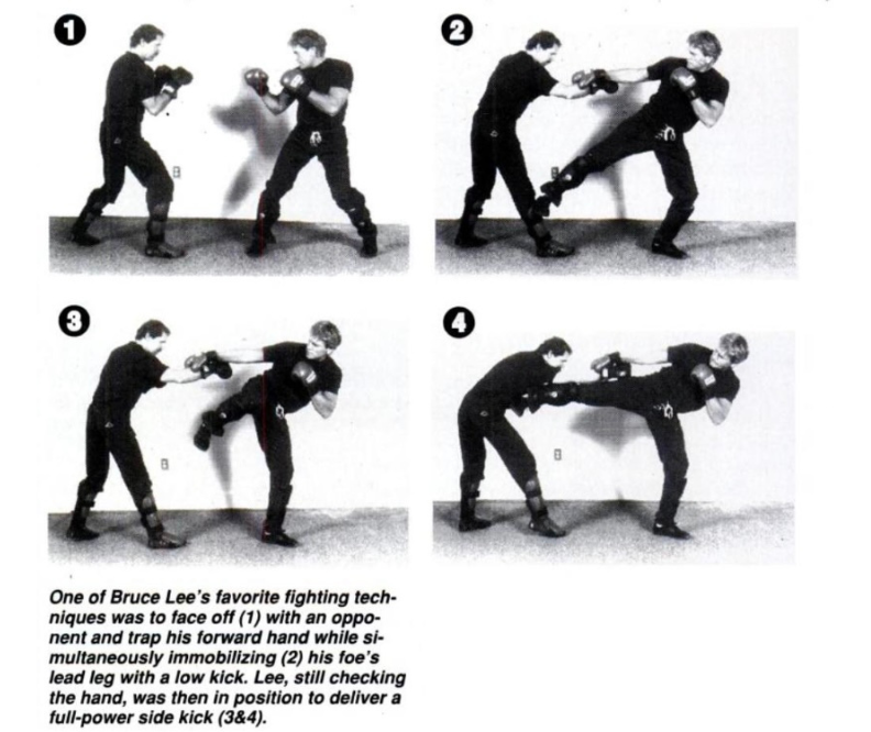 Two people demonstrate martial arts techniques in four black-and-white sequence images, showcasing punches and kicks in an indoor setting.