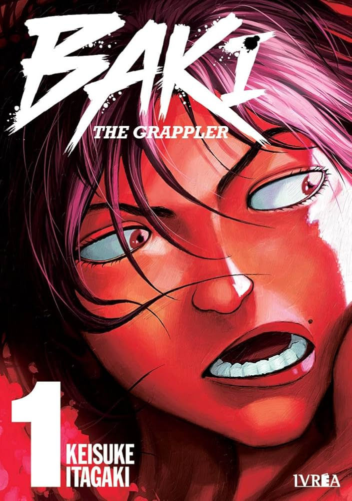 Close-up of an intense character with pink hair on "Baki The Grappler" manga cover. Bold title, Keisuke Itagaki's name, Vol. 1.