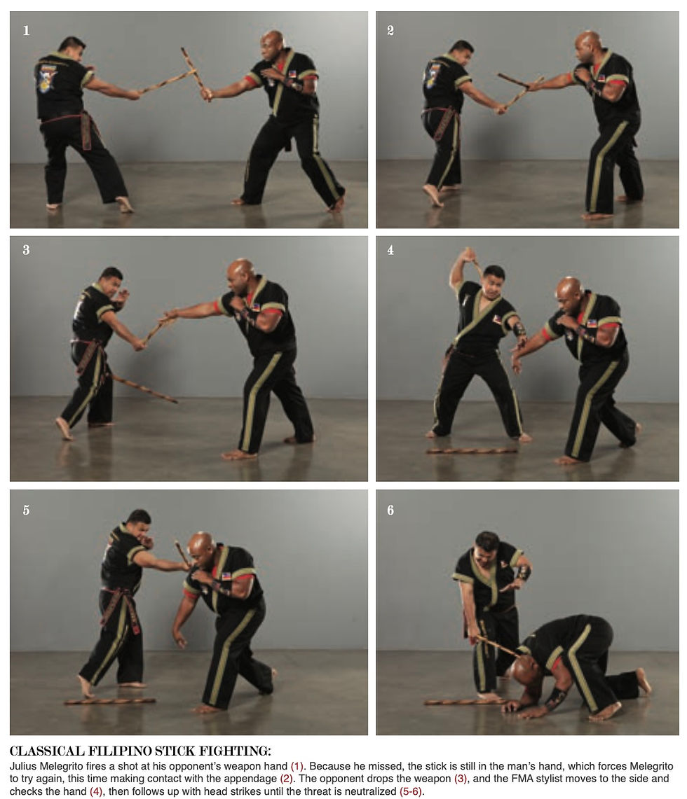 Six-panel Filipino stick-fighting demo: two men in black uniforms spar with sticks in a gray studio, numbered steps and caption text below.