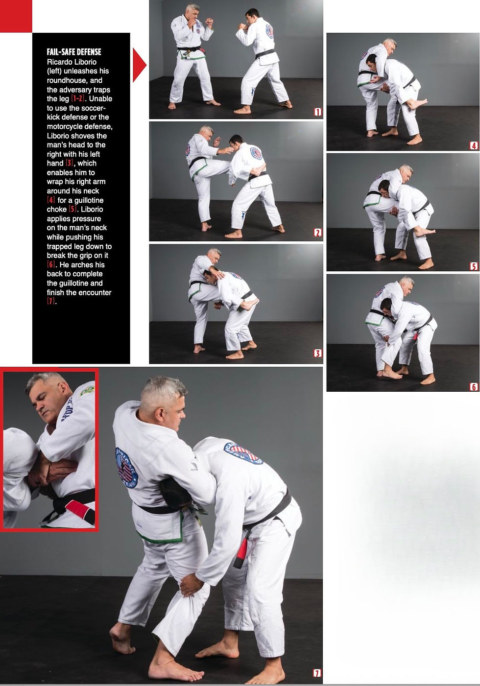 Two martial artists in white gis demonstrate a grappling sequence and guillotine choke in a studio. Text: "FAIL-SAFE DEFENSE" with numbered steps.