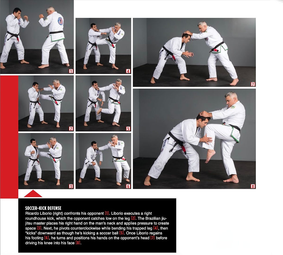 Two martial artists in white gis demonstrate self-defense moves in a sequence against a gray background. One executes a kick and knee strike.