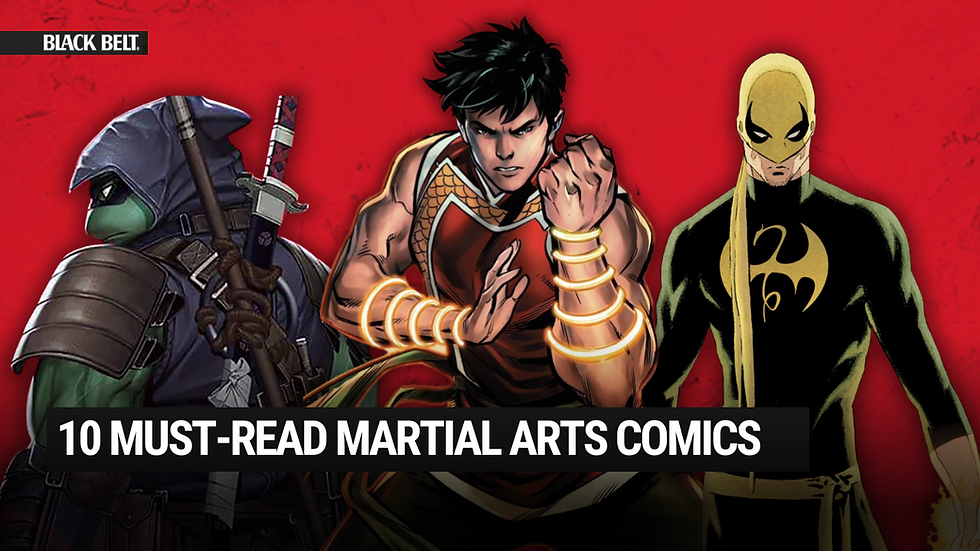 Three martial artists in comic style pose against a red background. Bold text reads: "10 Must-Read Martial Arts Comics."