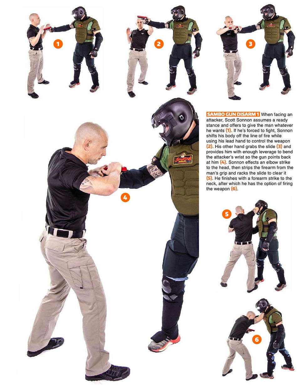Two men demonstrate a gun disarm technique in instructional steps. One wears tactical gear with a helmet, the other in a black shirt and khaki pants.