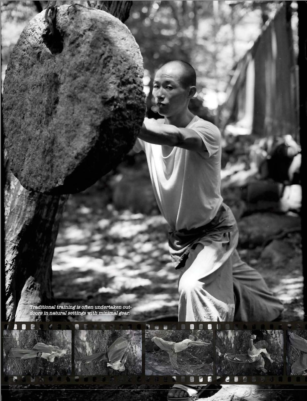 Man practicing martial arts outdoors, hitting a large stone. Black-and-white image with filmstrip and text: Traditional training outdoors.