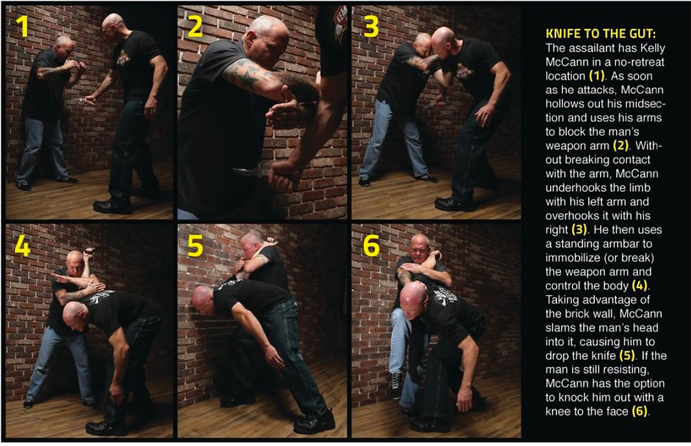 Two men demonstrate self-defense moves against a brick wall. One disarms the other, using arm bars and holds. Yellow text numbers steps.