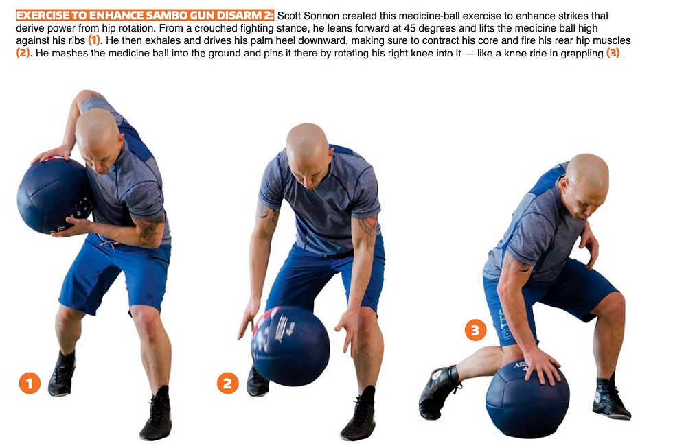 Man in a blue outfit demonstrates a medicine ball exercise in three steps. Text at top enhances sambo gun disarm technique.