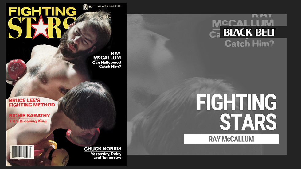 Magazine cover of "Fighting Stars," April 1982, features boxers with text highlights on Bruce Lee, Richie Barathy, and Chuck Norris.